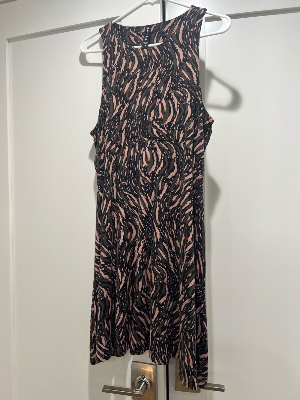 Athleta Sleeveless Midi Dress in Black and Tan Zebra Print